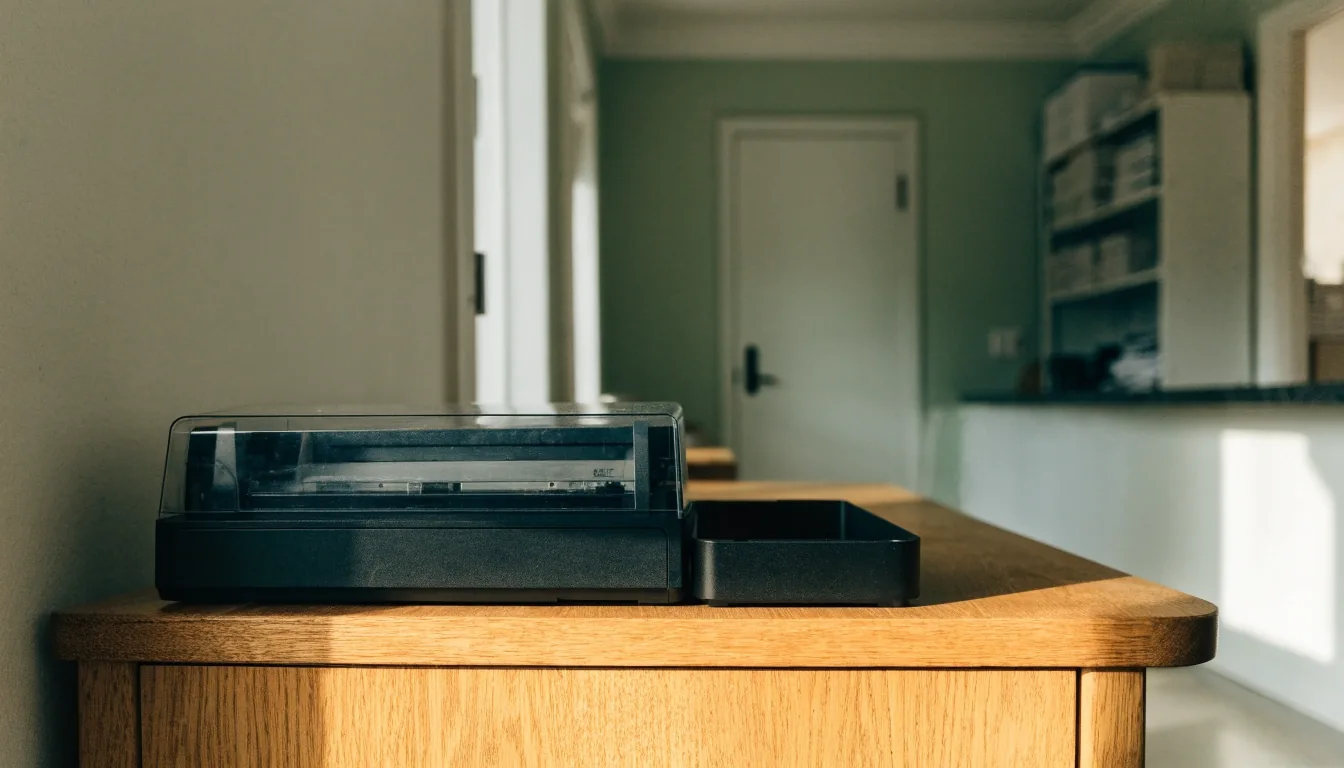 A squared stack of invoices on a matte counter in low raking morning light