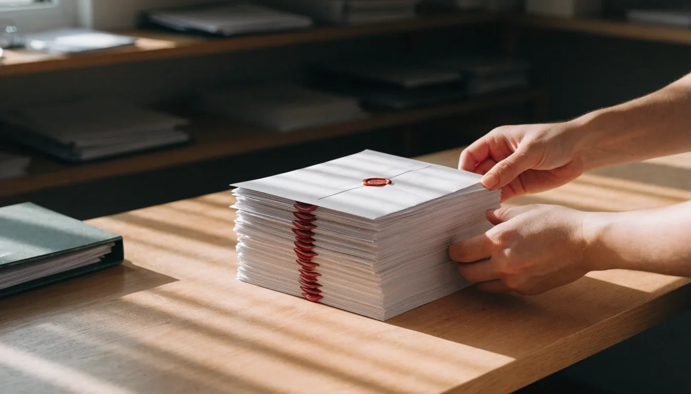 Matte reconciliation worksheet on a counter with morning sun stripes and a squared invoice stack