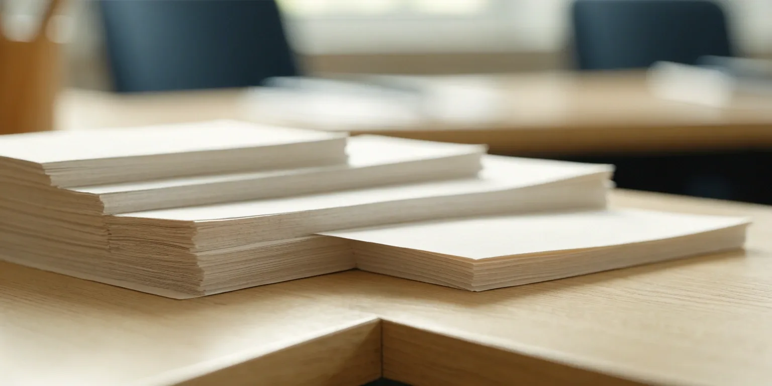 Stack of invoices squared on a matte counter beside a closed binder