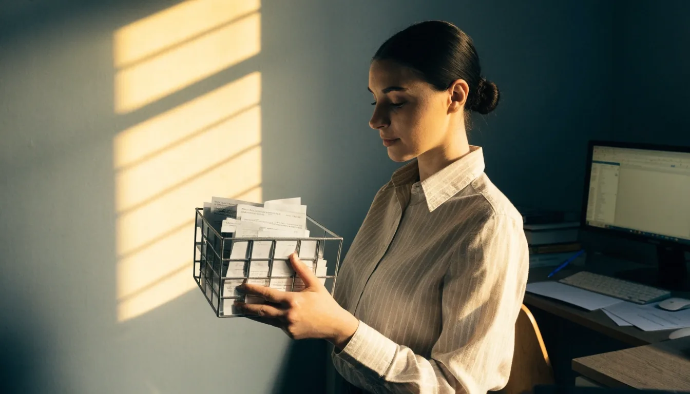 Stack of supplier invoices squared on a matte counter under low morning sun