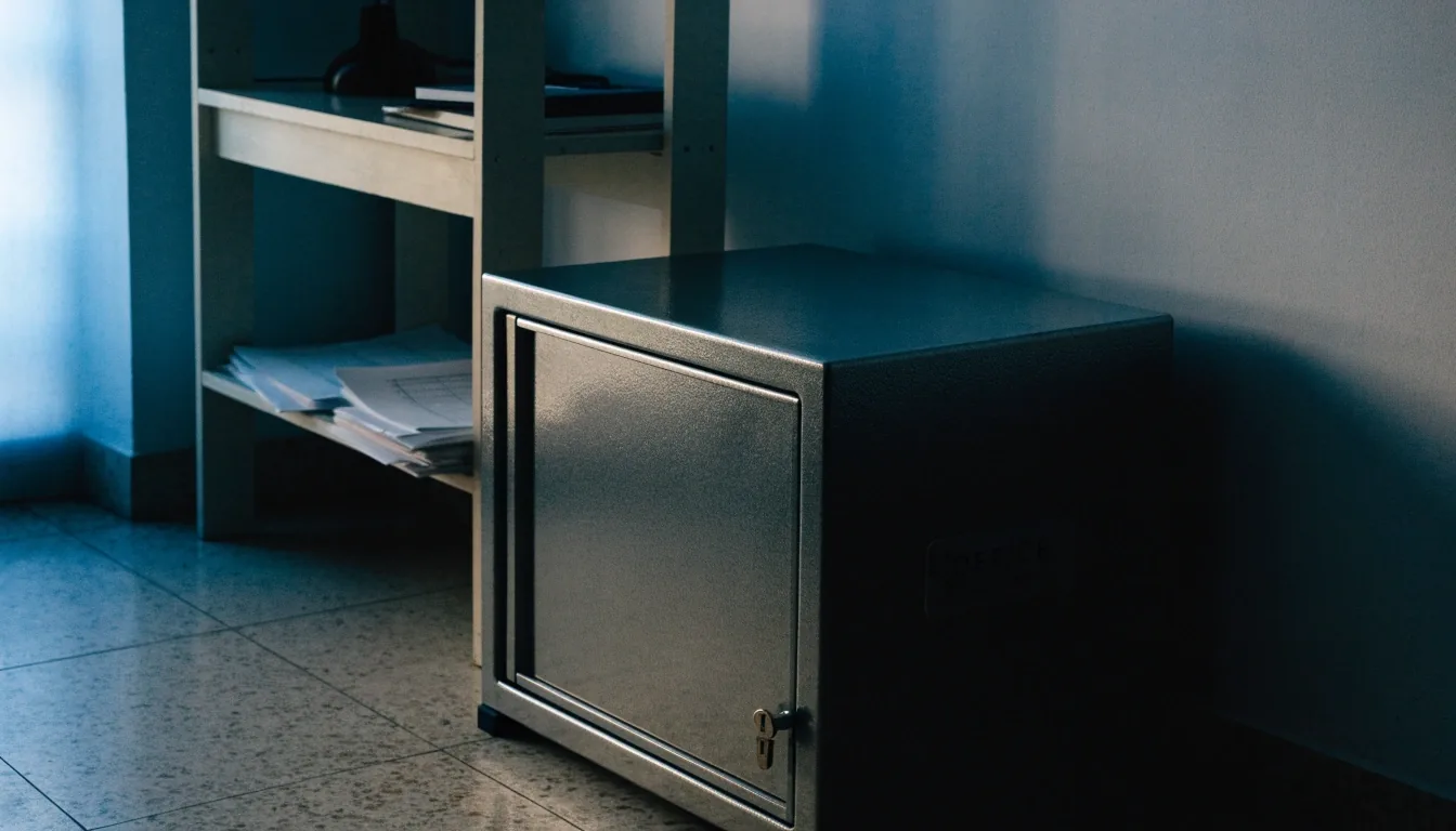 Quiet finance desk with a squared receipt pile and closed cheque book in cool end-of-day light