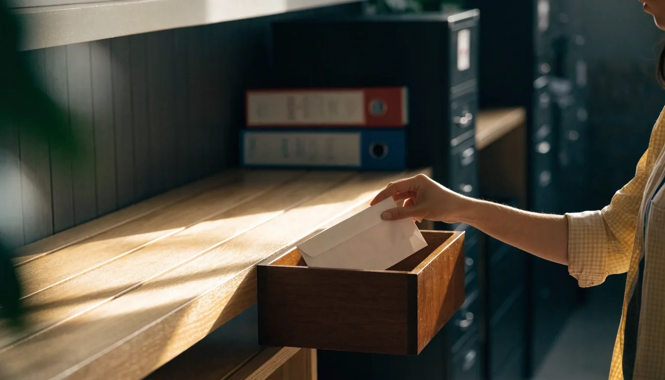 A squared stack of invoices on a matte counter beside a closed binder in hard morning light