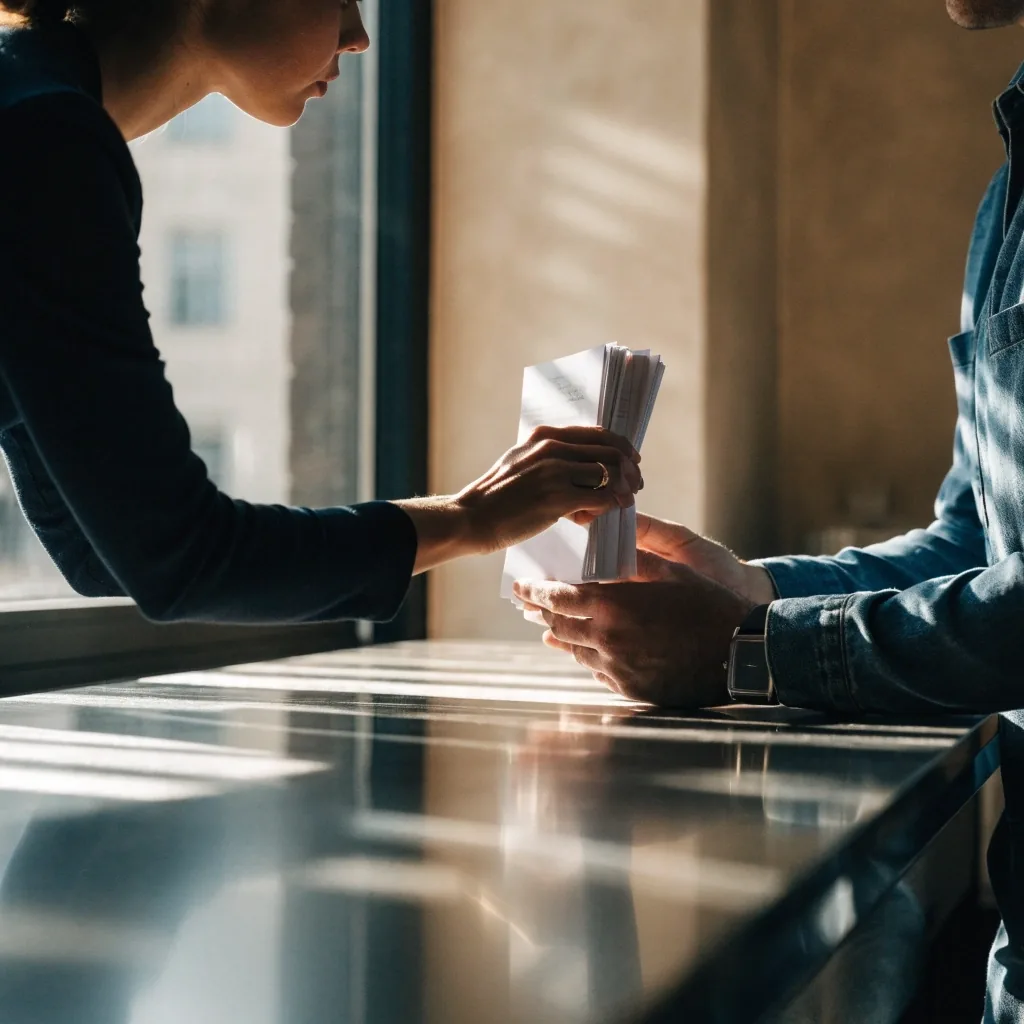 A finance desk with an angled laptop glow and two piles of invoices, one unsorted and one squared, under morning sun