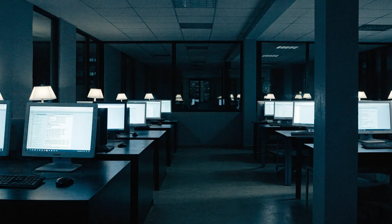 Finance desk at end of day with a closed reconciliation binder lit by cool screen glow
